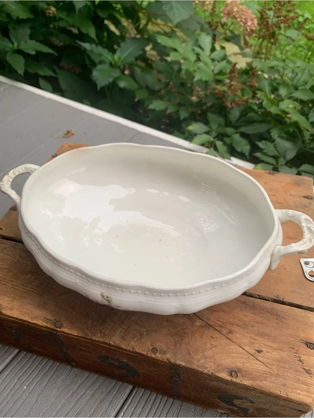 Vtg Porcelain Covered Serving Dish with Pink Rose Motif